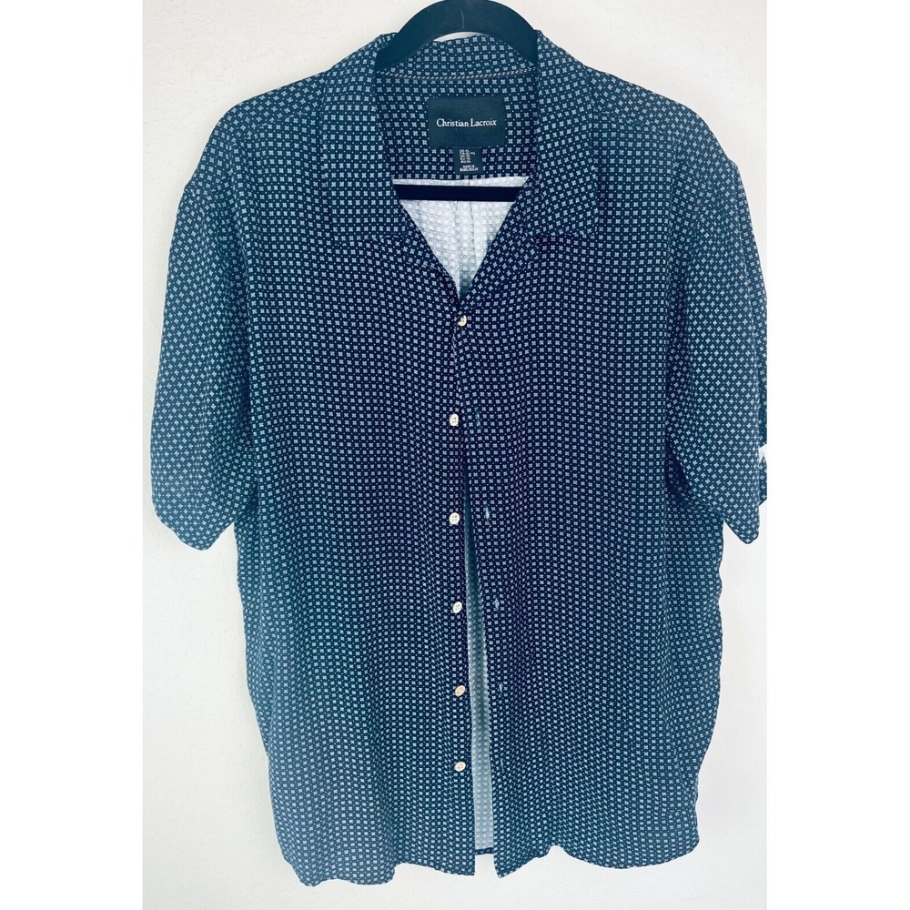Christian‎ Lacroix Mens Navy Blue Size XL Geometric Button Down Shirt
